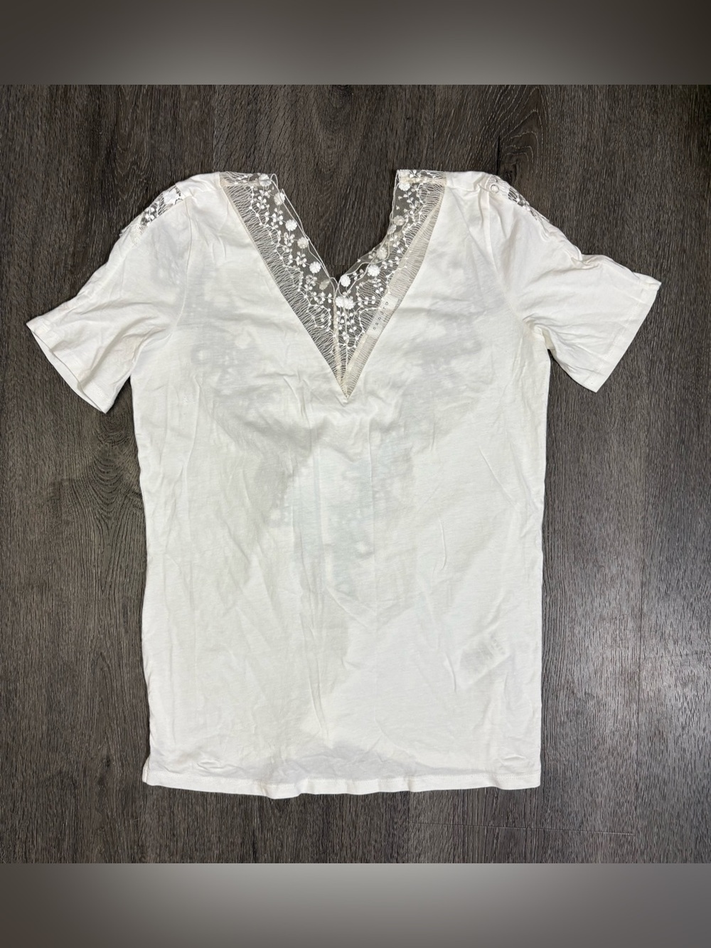 Sandro Paris Top Size 2 Double V - Neck White Lace Back Tee Short Sleeve Slits